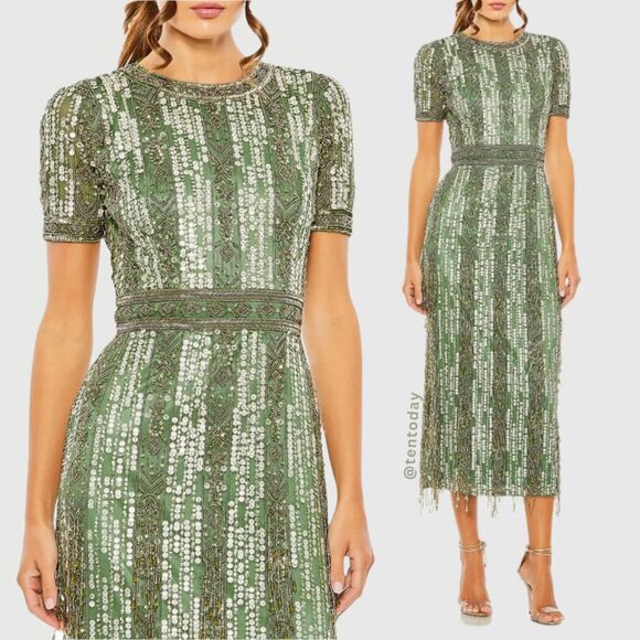 Mac Duggal‎ Size 12 Sage Green High Neck Short Sleeve Fringe Column Dress Gown